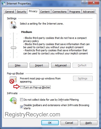 Disable Windows Popup Blocker 