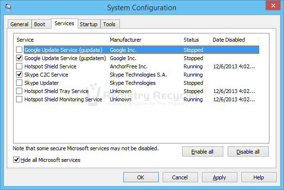 Disable third party services to Fix Freezing in Windows 8.1