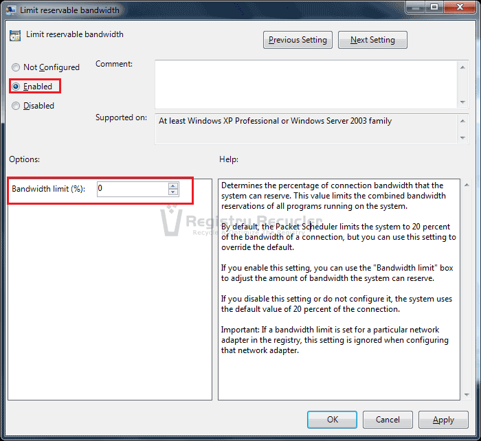 Reservable Bandwidth Limit Windows 7